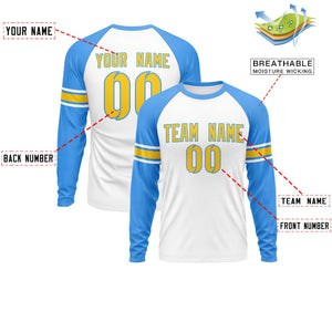 Custom White Powder Blue Gold Crew Neck Personalized Raglan Long Sleeve Performance T-shirt