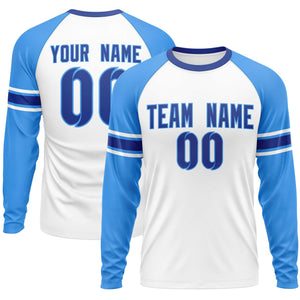 Custom White Powder Blue Royal Crew Neck Personalized Raglan Long Sleeve Performance T-shirt