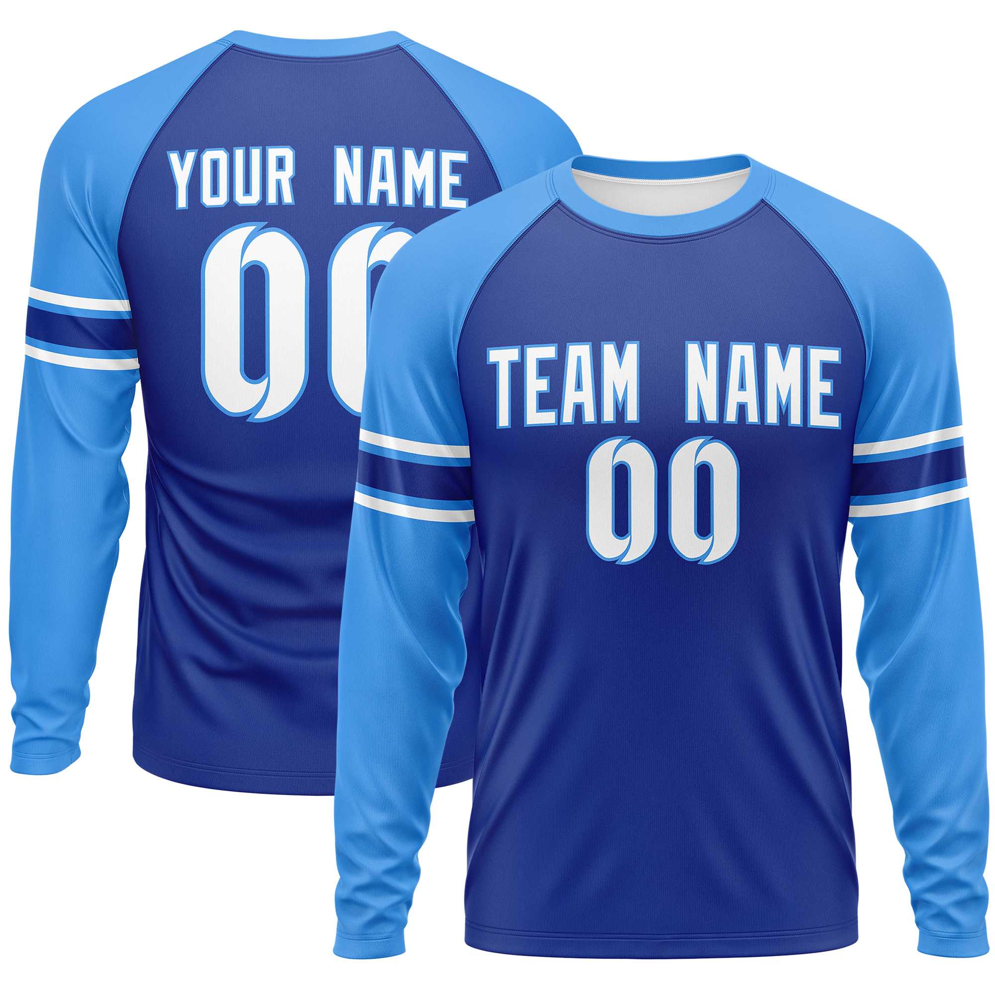 Custom Royal Powder Blue White Crew Neck Personalized Raglan Long Sleeve Performance T-shirt