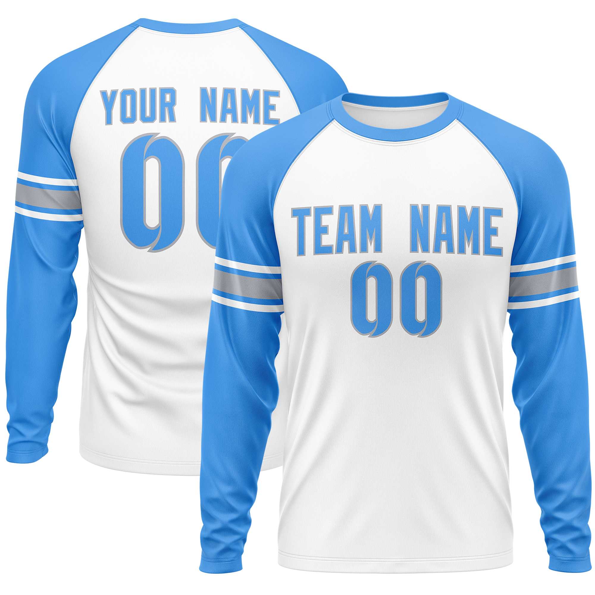 Custom White Powder Blue Gray Crew Neck Personalized Raglan Long Sleeve Performance T-shirt