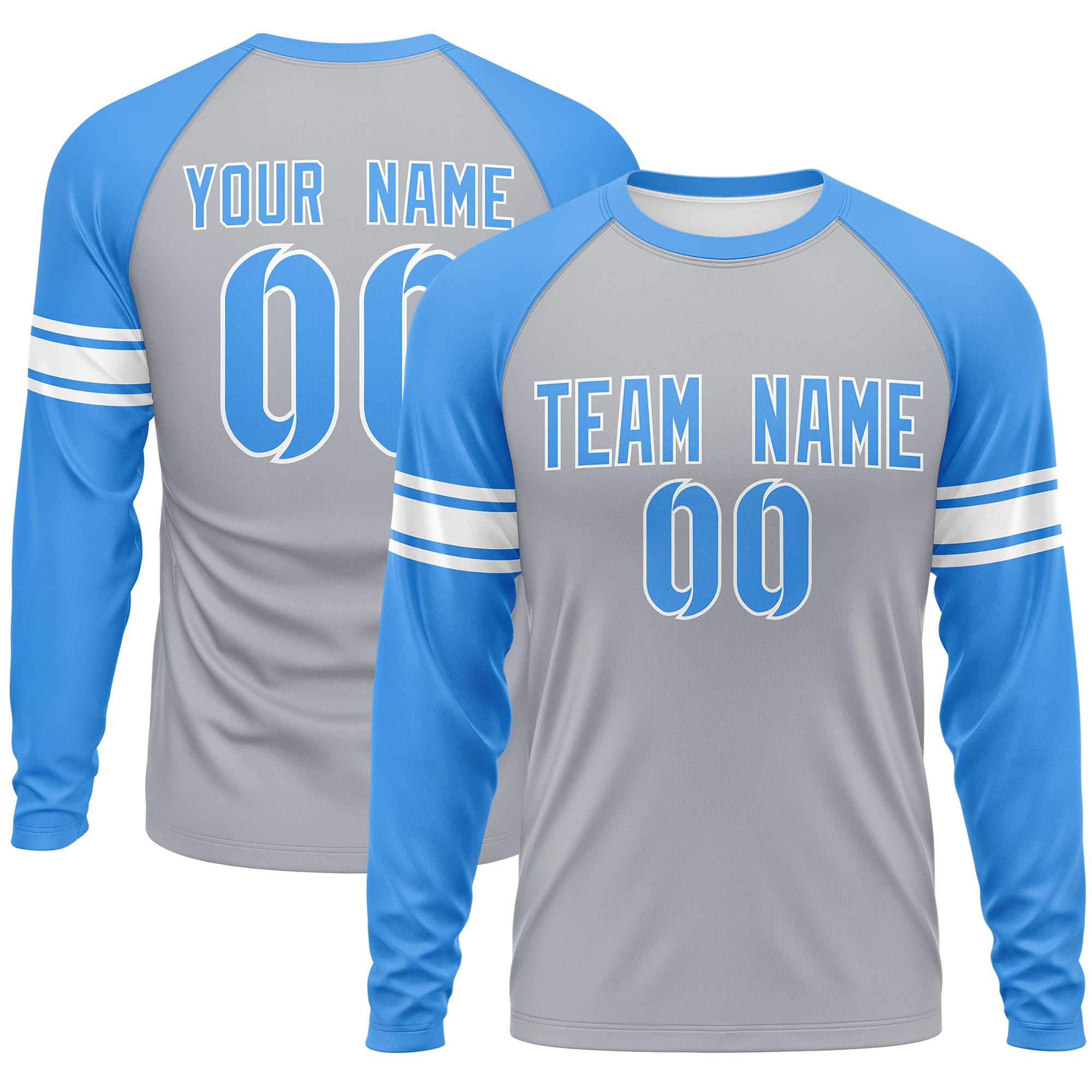 Custom Gray Powder Blue White Crew Neck Personalized Raglan Long Sleeve Performance T-shirt