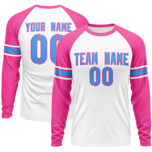 Custom White Pink Powder Blue Crew Neck Personalized Raglan Long Sleeve Performance T-shirt