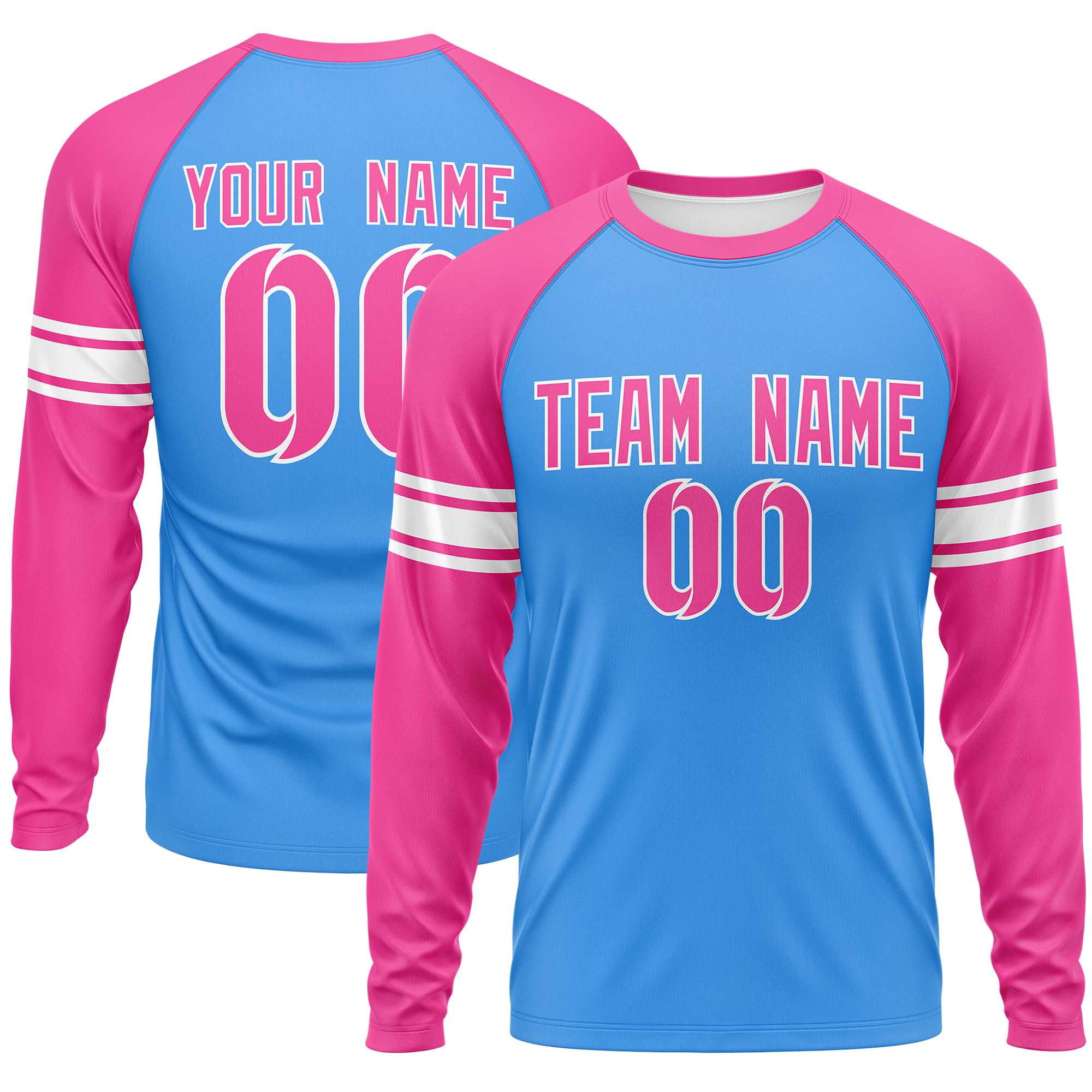 Custom Powder Blue Pink White Crew Neck Personalized Raglan Long Sleeve Performance T-shirt