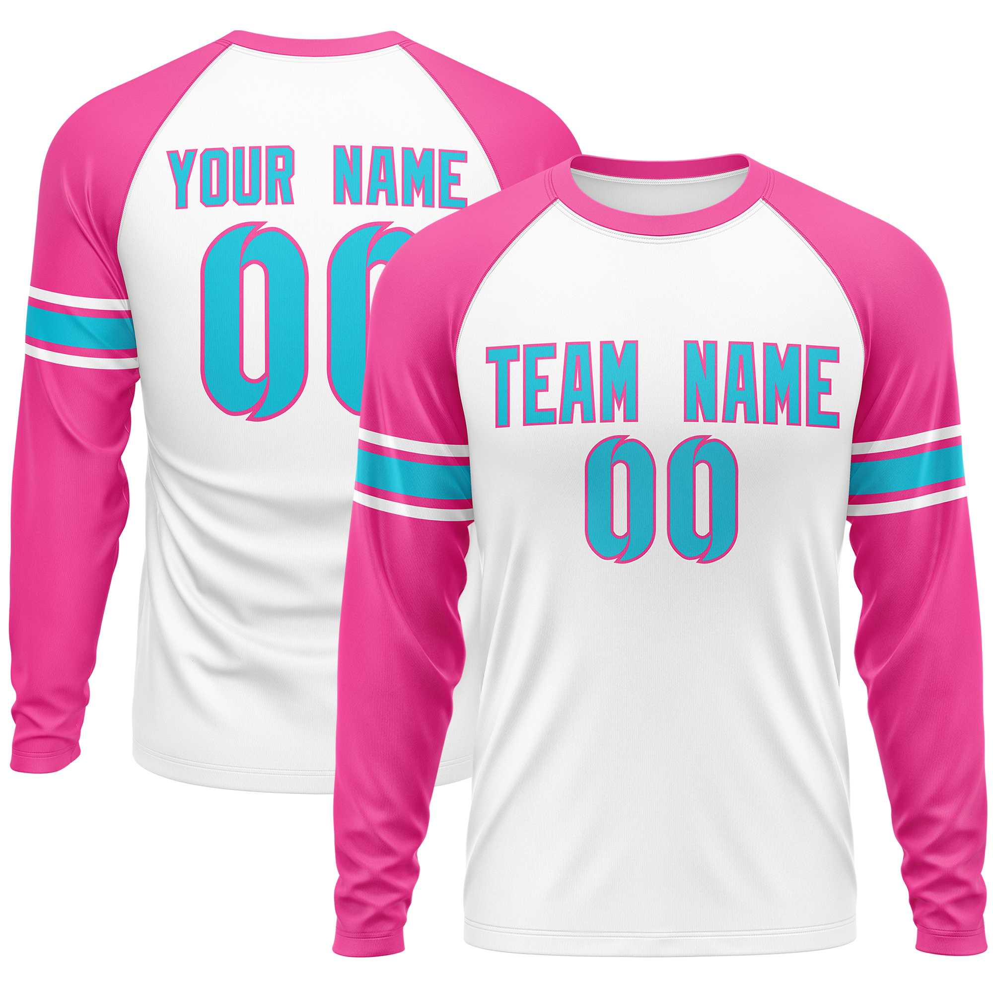 Custom White Pink Sky Blue Crew Neck Personalized Raglan Long Sleeve Performance T-shirt