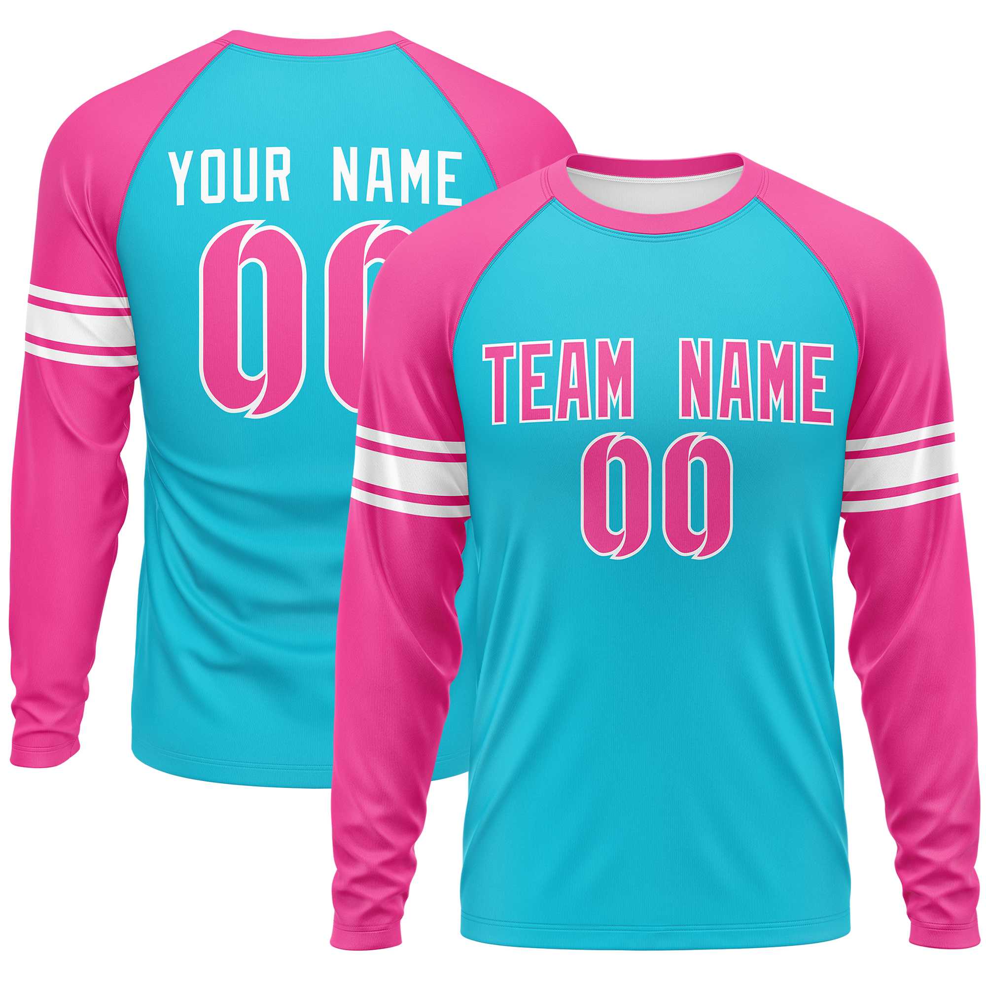 Custom Sky Blue Pink White Crew Neck Personalized Raglan Long Sleeve Performance T-shirt