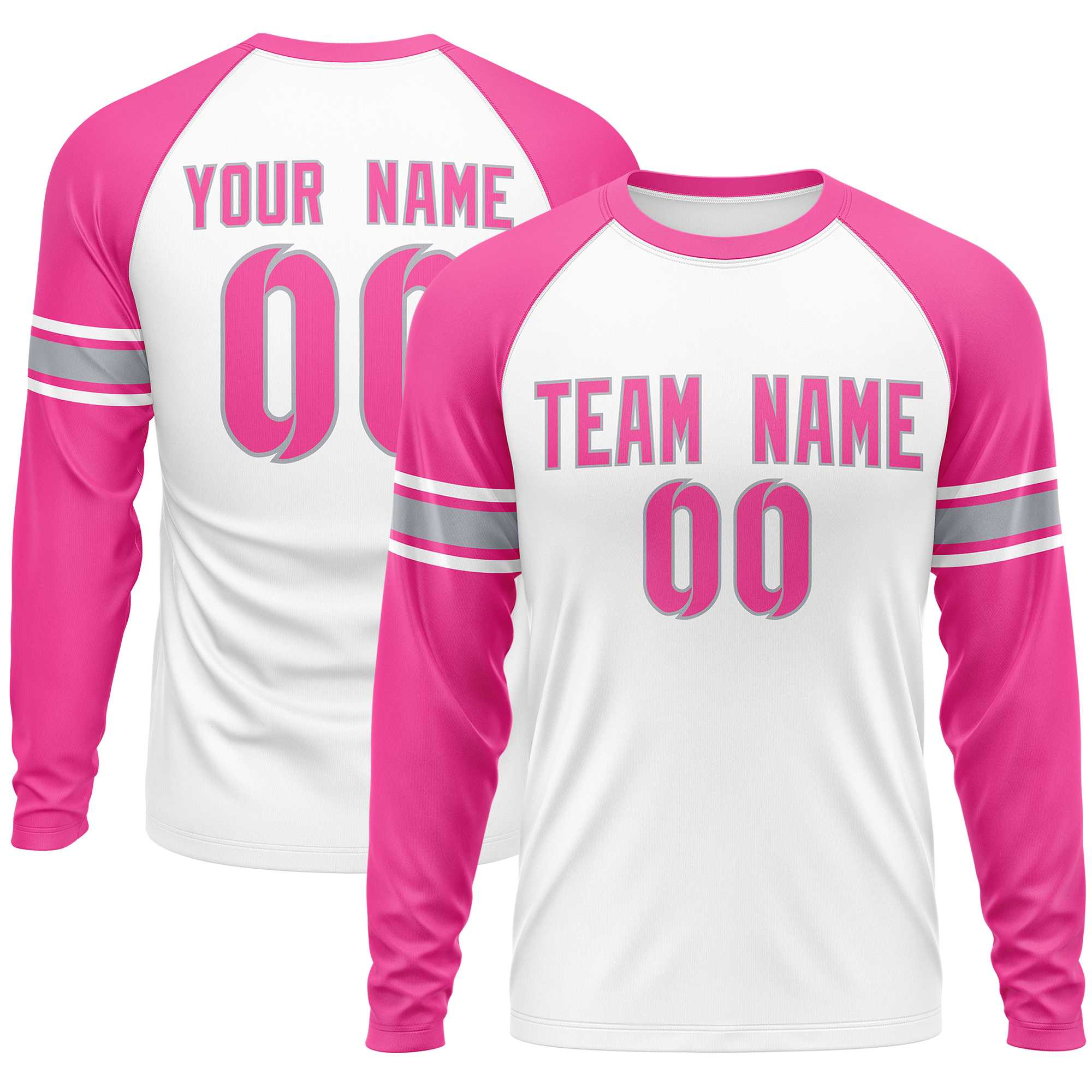 Custom White Pink Gray Crew Neck Personalized Raglan Long Sleeve Performance T-shirt