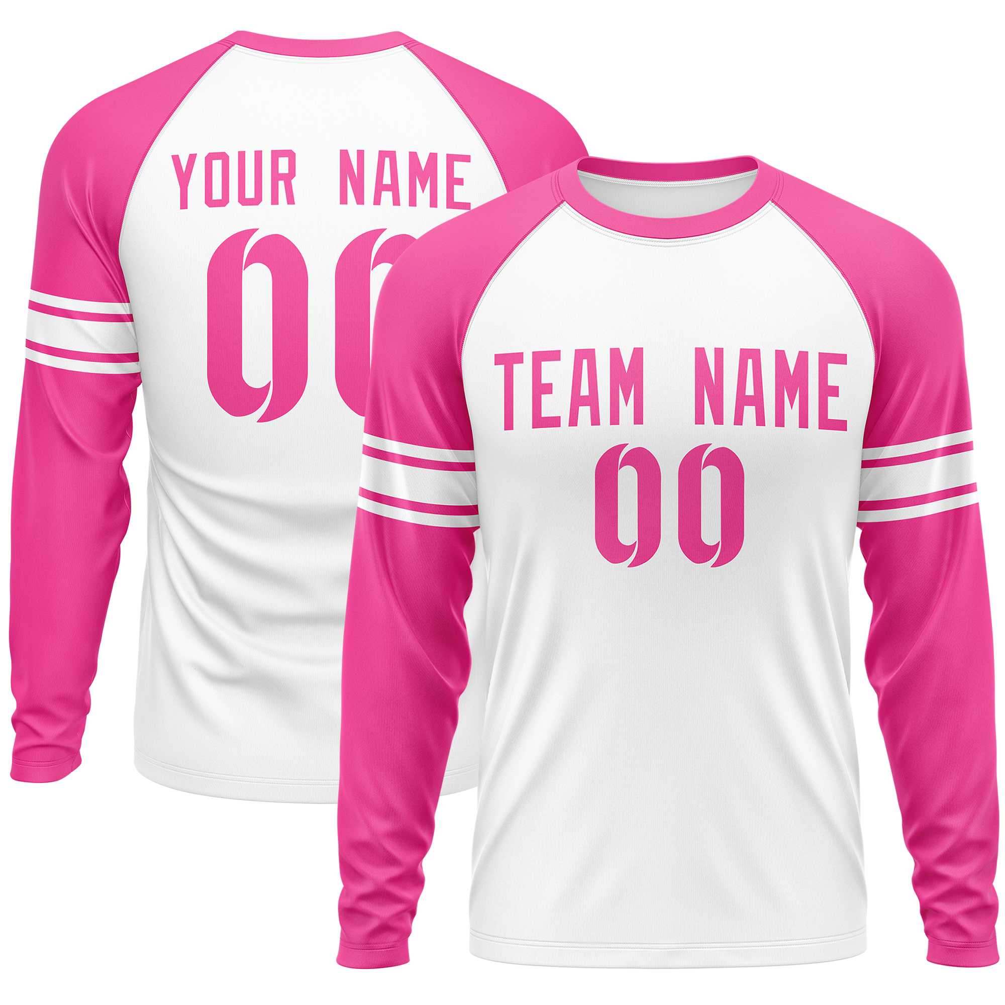 Custom White Pink Crew Neck Personalized Raglan Long Sleeve Performance T-shirt