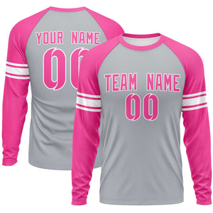 Custom Gray Pink White Crew Neck Personalized Raglan Long Sleeve Performance T-shirt