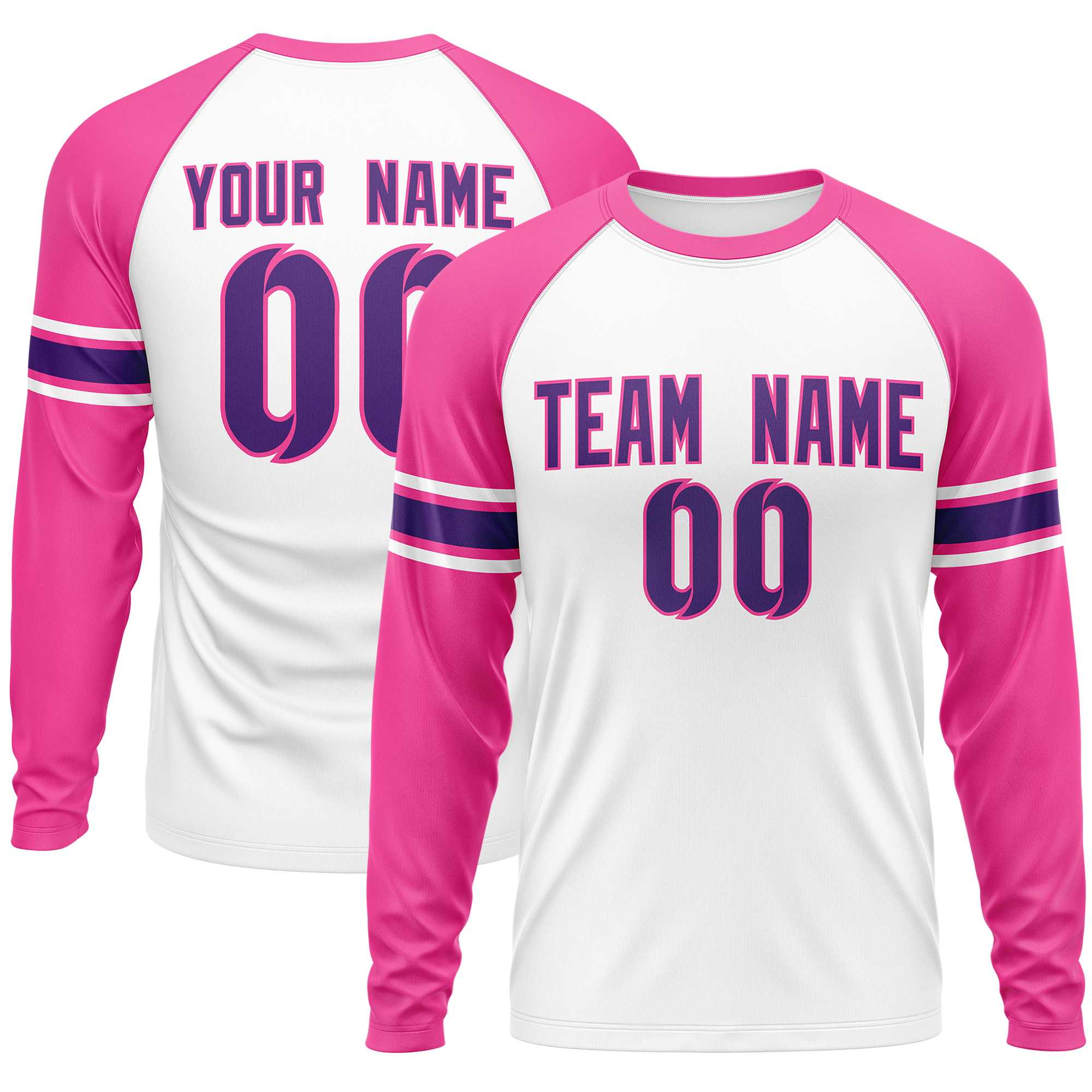 Custom White Pink Purple Crew Neck Personalized Raglan Long Sleeve Performance T-shirt