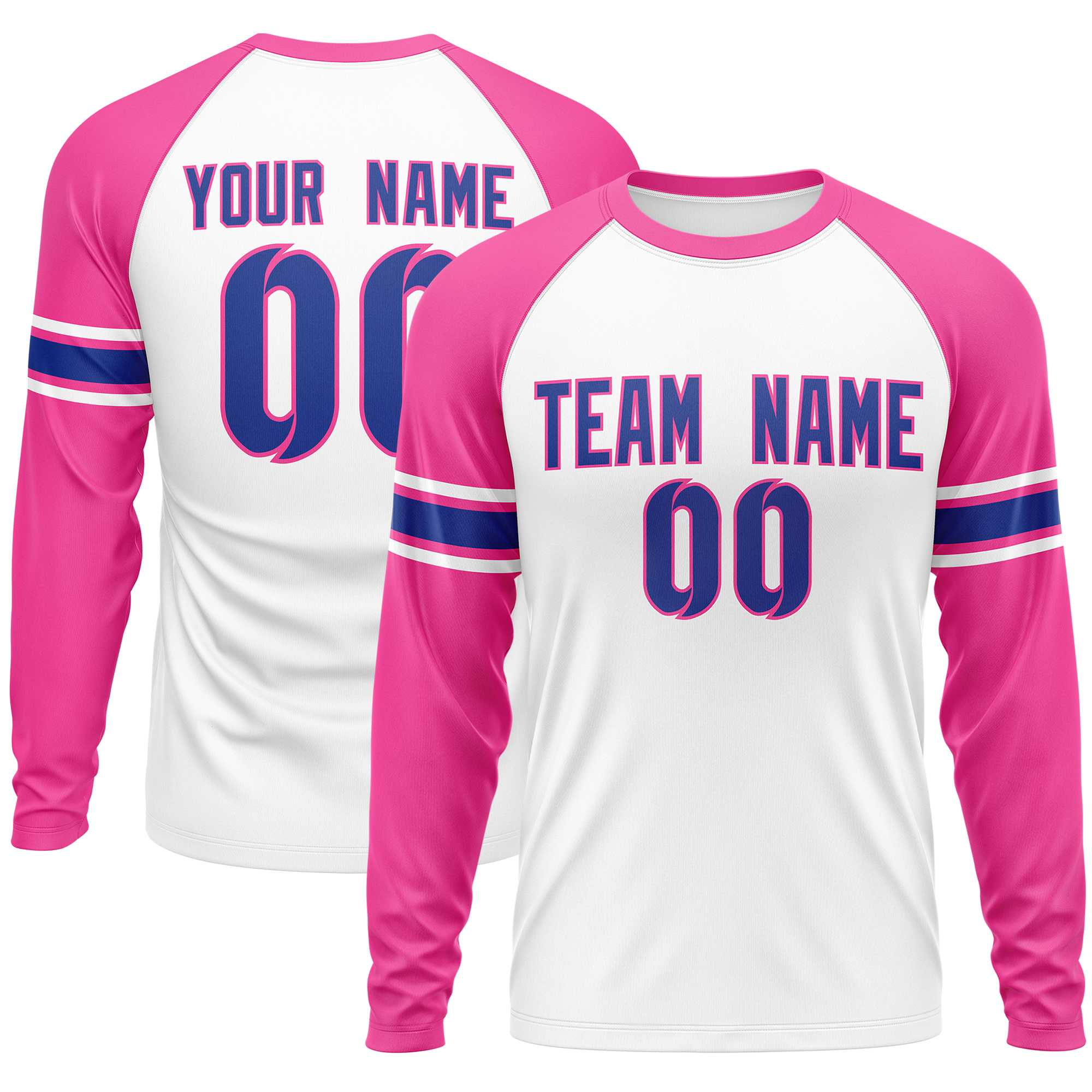 Custom White Pink Royal Crew Neck Personalized Raglan Long Sleeve Performance T-shirt