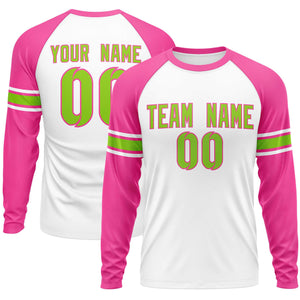 Custom White Pink Neon Green Crew Neck Personalized Raglan Long Sleeve Performance T-shirt