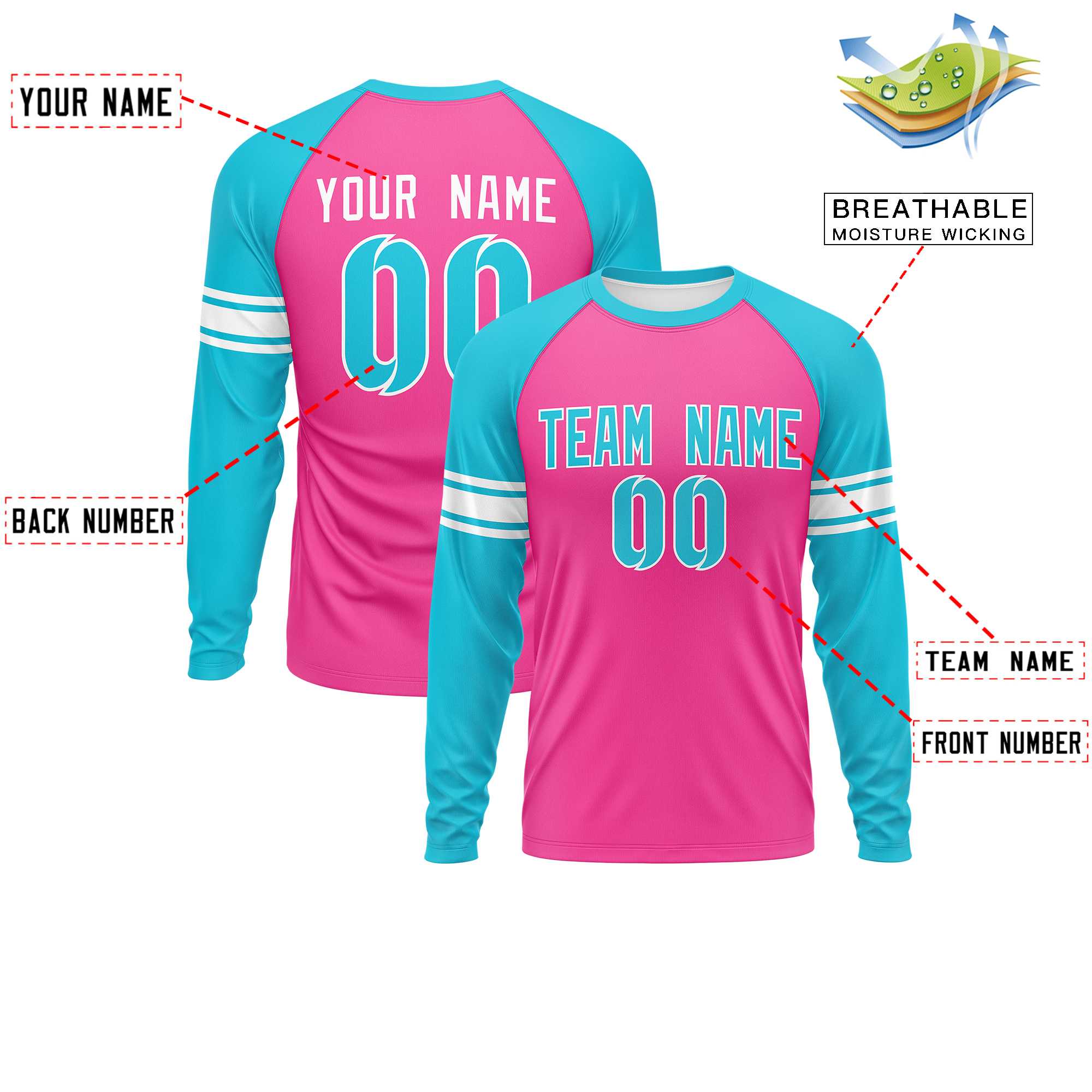 Custom Pink Sky Blue White Crew Neck Personalized Raglan Long Sleeve Performance T-shirt