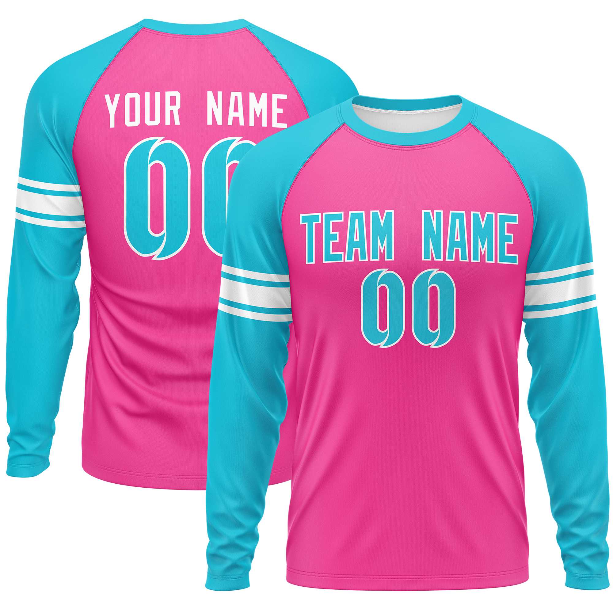 Custom Pink Sky Blue White Crew Neck Personalized Raglan Long Sleeve Performance T-shirt