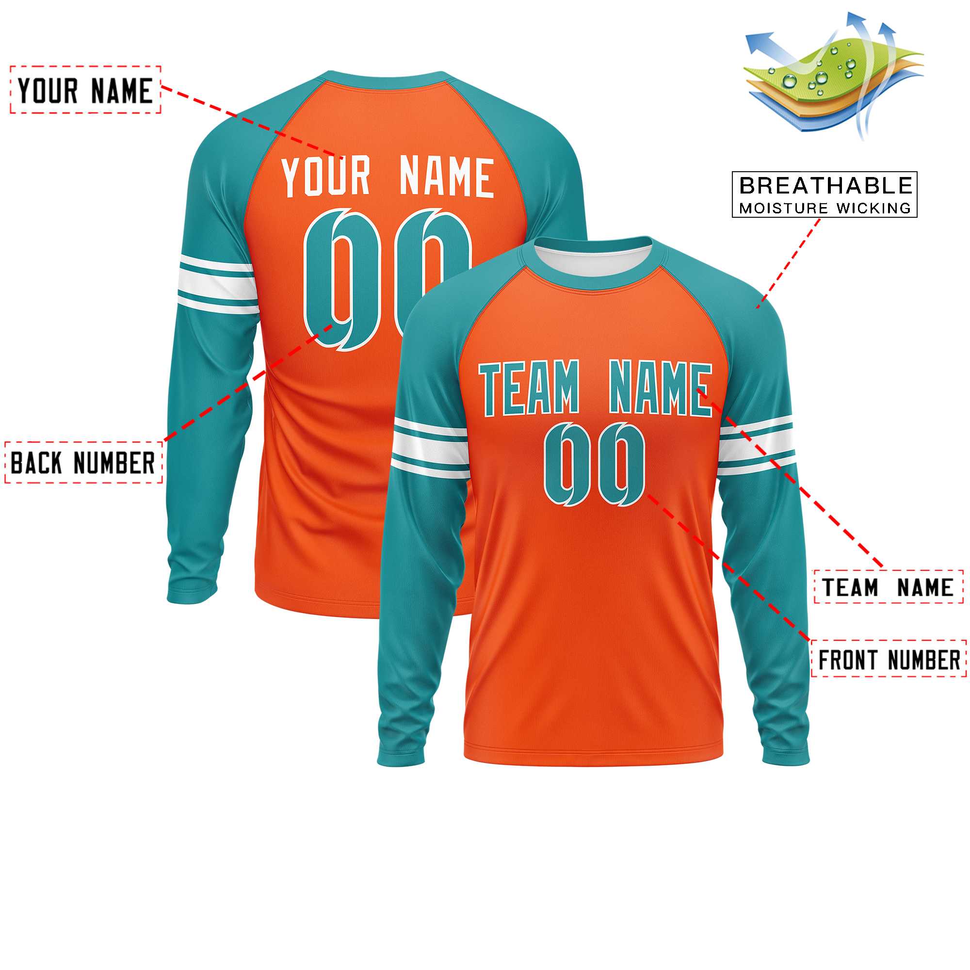 Custom Orange Aqua White Crew Neck Personalized Raglan Long Sleeve Performance T-shirt