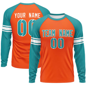 Custom Orange Aqua White Crew Neck Personalized Raglan Long Sleeve Performance T-shirt