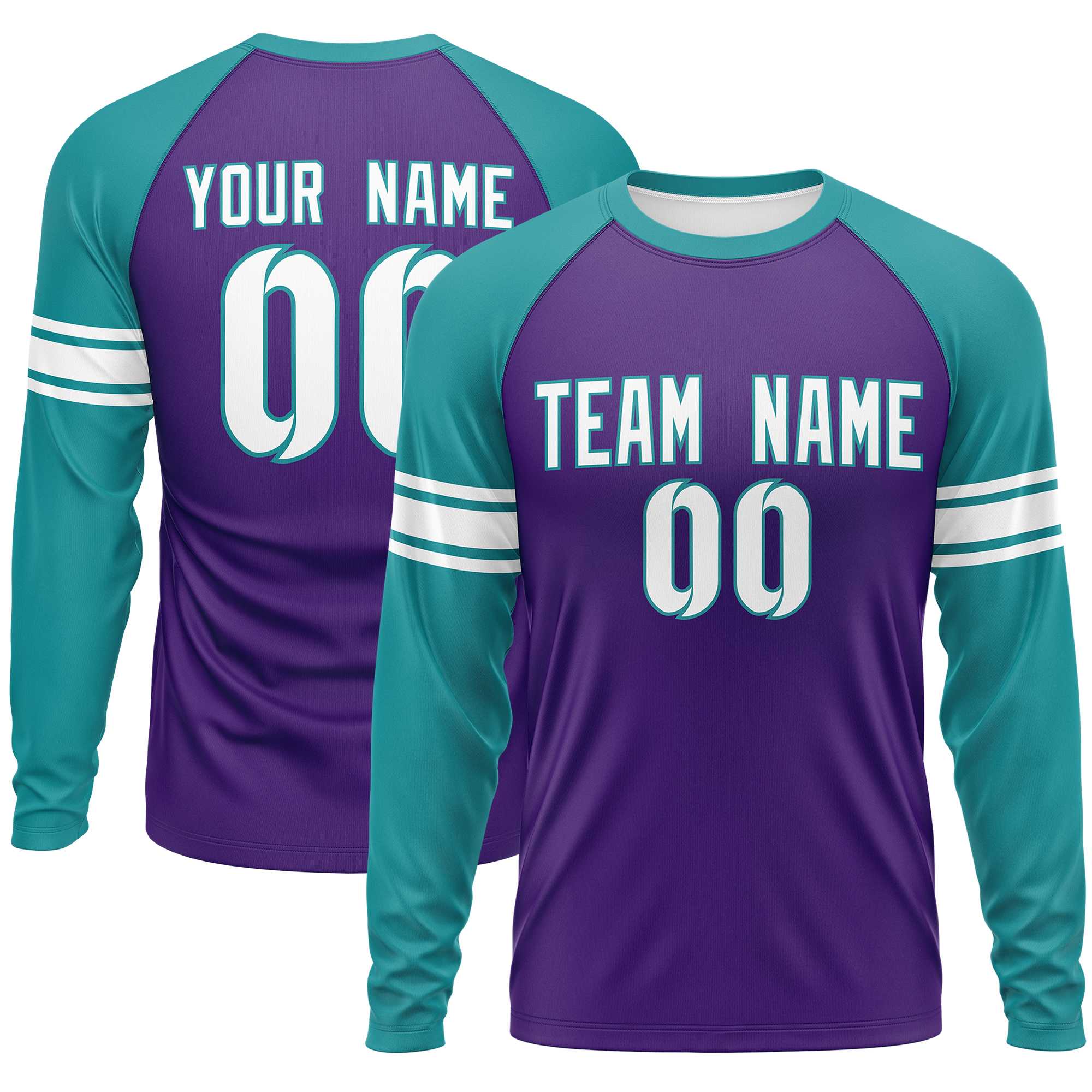 Custom Purple Aqua White Crew Neck Personalized Raglan Long Sleeve Performance T-shirt