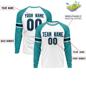 Custom White Aqua Navy Crew Neck Personalized Raglan Long Sleeve Performance T-shirt