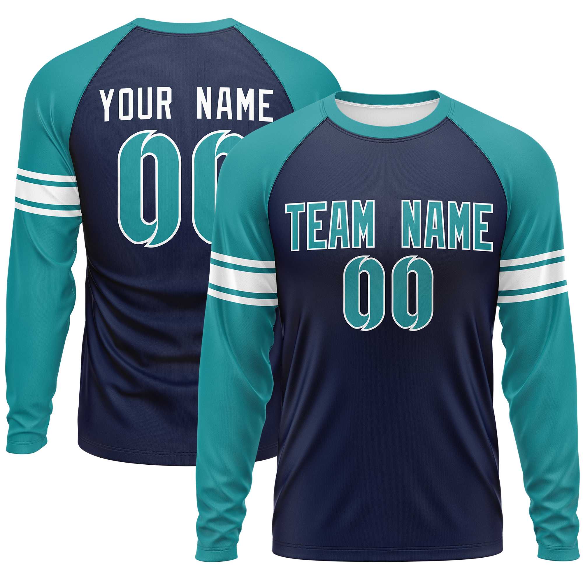 Custom Navy Aqua White Crew Neck Personalized Raglan Long Sleeve Performance T-shirt