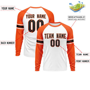 Custom White Orange Black Crew Neck Personalized Raglan Long Sleeve Performance T-shirt