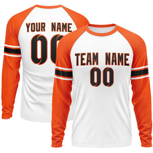 Custom White Orange Black Crew Neck Personalized Raglan Long Sleeve Performance T-shirt