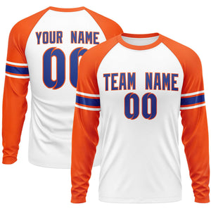 Custom White Orange Royal Crew Neck Personalized Raglan Long Sleeve Performance T-shirt