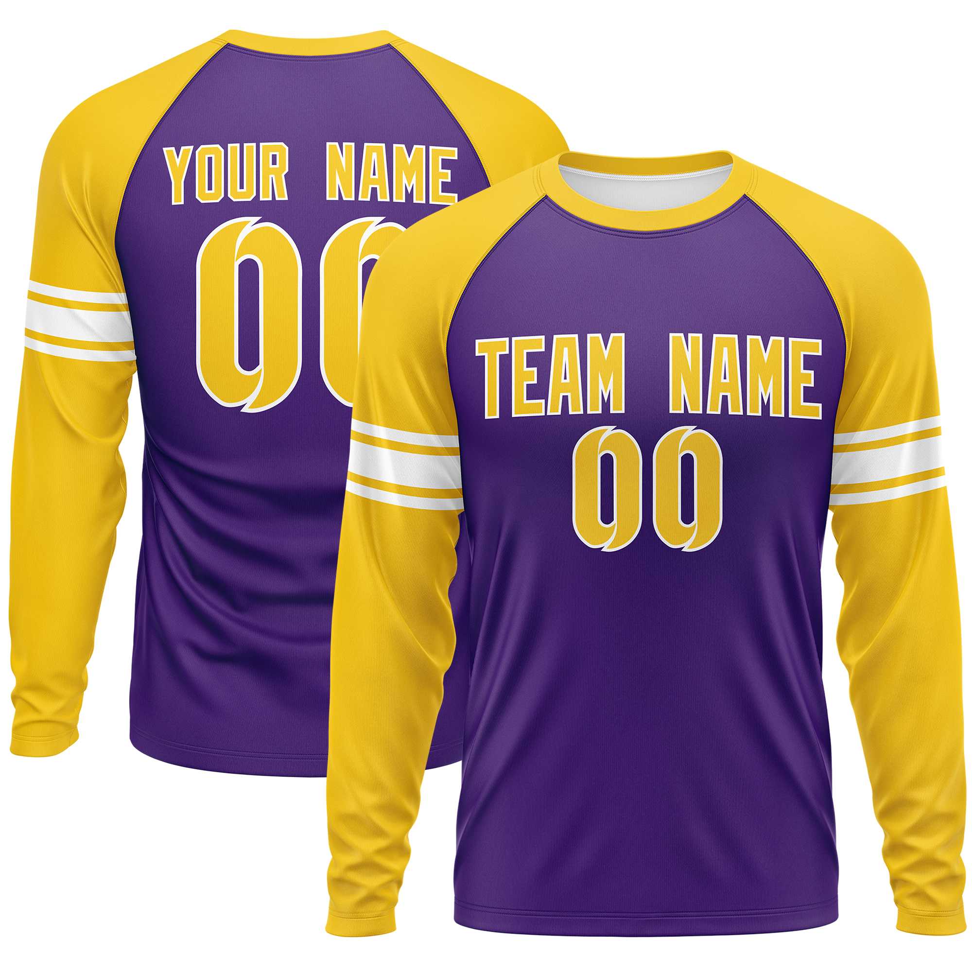 Custom Purple Gold White Crew Neck Personalized Raglan Long Sleeve Performance T-shirt