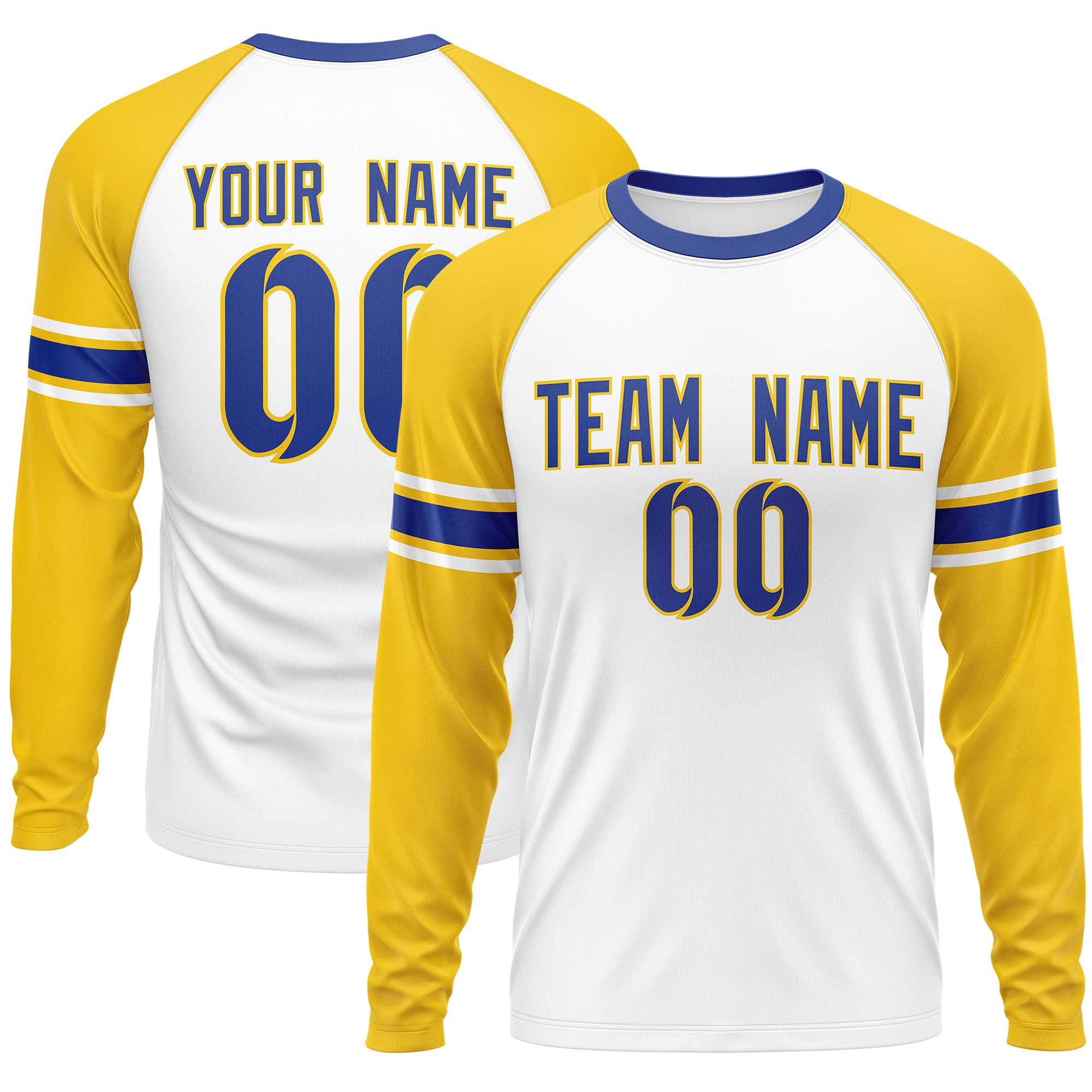 Custom White Gold Royal Crew Neck Personalized Raglan Long Sleeve Performance T-shirt