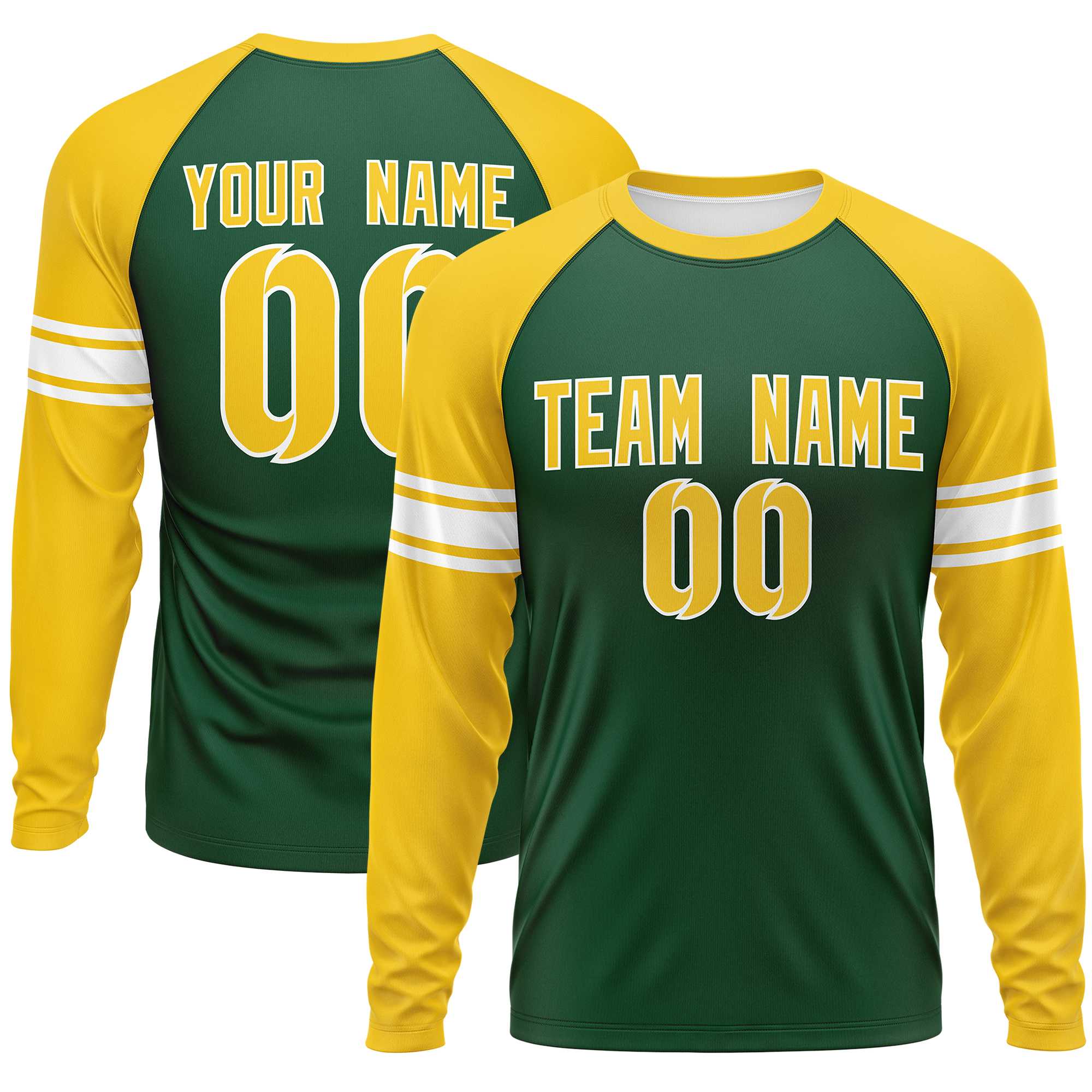 Custom Green Gold White Crew Neck Personalized Raglan Long Sleeve Performance T-shirt