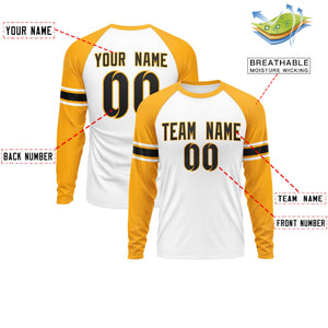 Custom White Yellow Black Crew Neck Personalized Raglan Long Sleeve Performance T-shirt