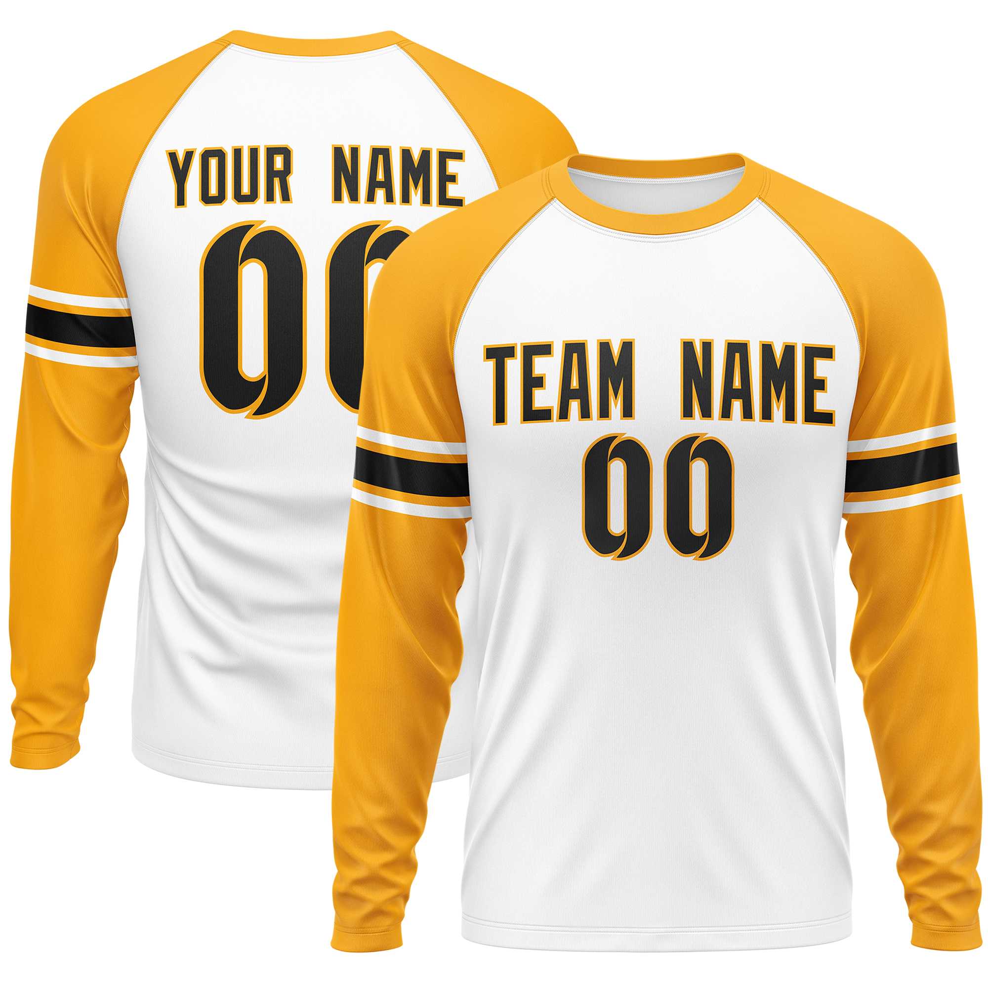 Custom White Yellow Black Crew Neck Personalized Raglan Long Sleeve Performance T-shirt