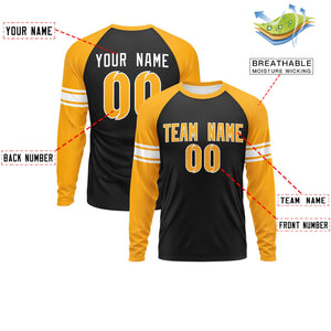 Custom Black Yellow White Crew Neck Personalized Raglan Long Sleeve Performance T-shirt