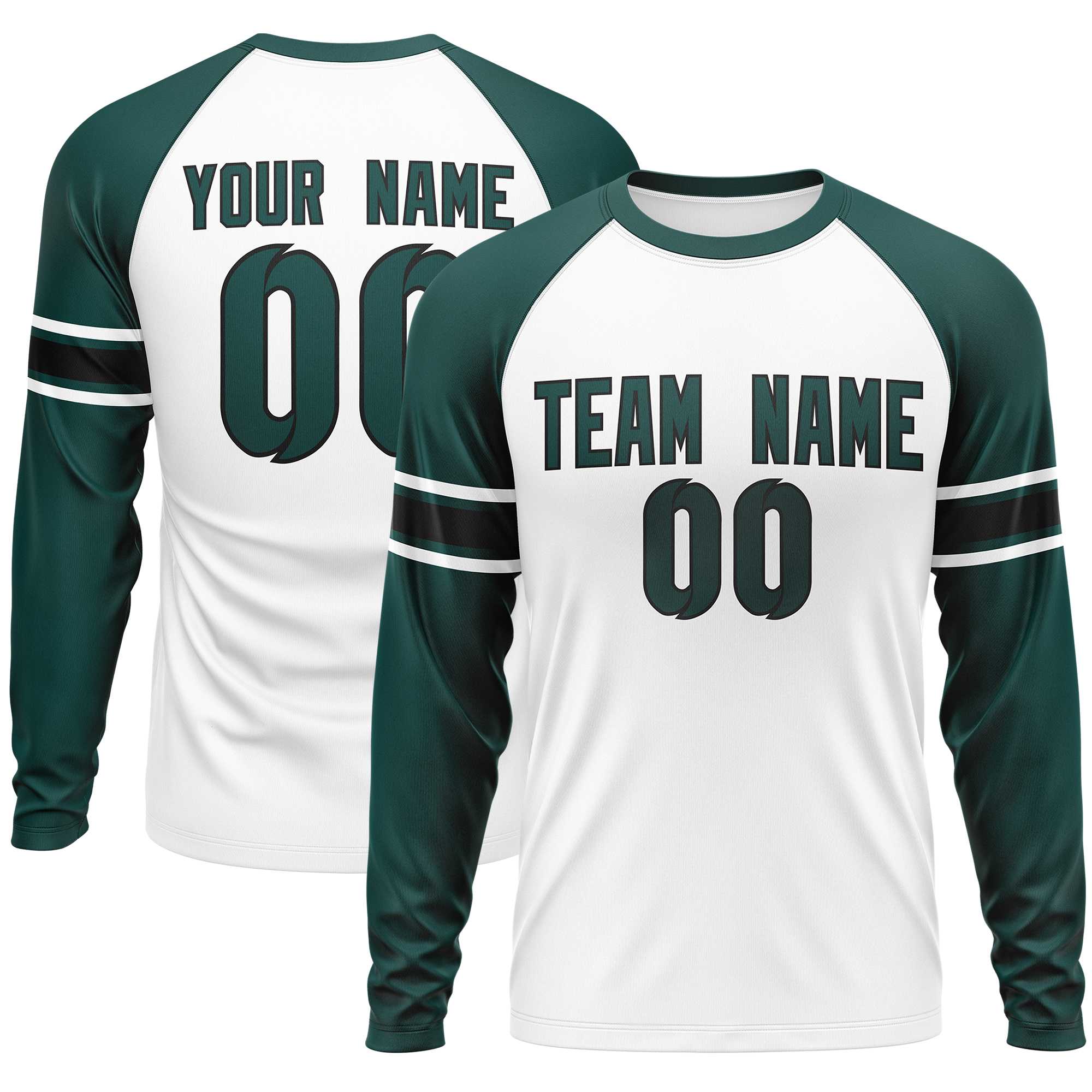 Custom White Midnight Green Black Crew Neck Personalized Raglan Long Sleeve Performance T-shirt