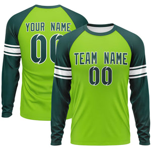 Custom Neon Green Midnight Green White Crew Neck Personalized Raglan Long Sleeve Performance T-shirt