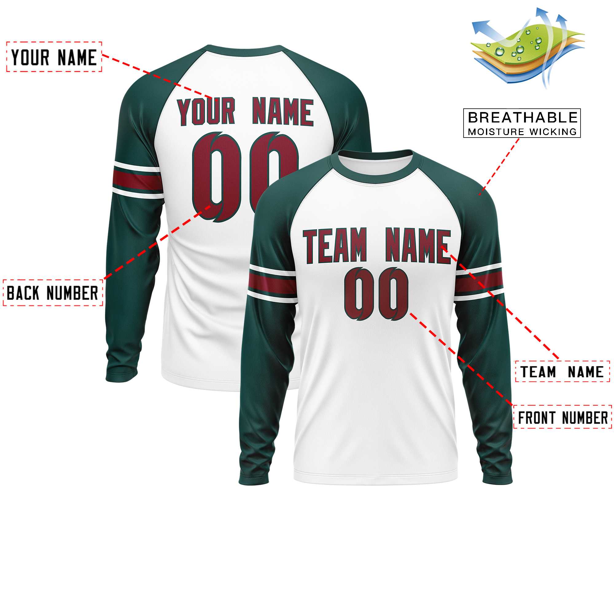 Custom White Midnight Green Crimson Crew Neck Personalized Raglan Long Sleeve Performance T-shirt