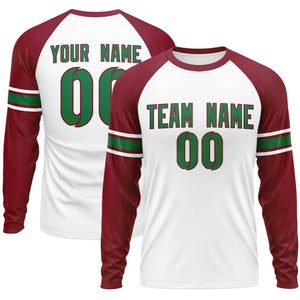 Custom White Crimson Kelly Green Crew Neck Personalized Raglan Long Sleeve Performance T-shirt