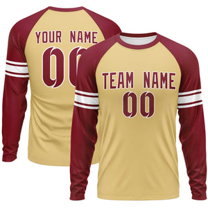 Custom Khaki Crimson White Crew Neck Personalized Raglan Long Sleeve Performance T-shirt