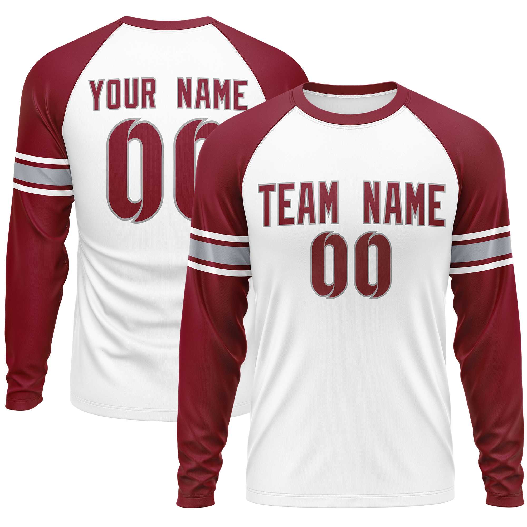 Custom White Crimson Gray Crew Neck Personalized Raglan Long Sleeve Performance T-shirt