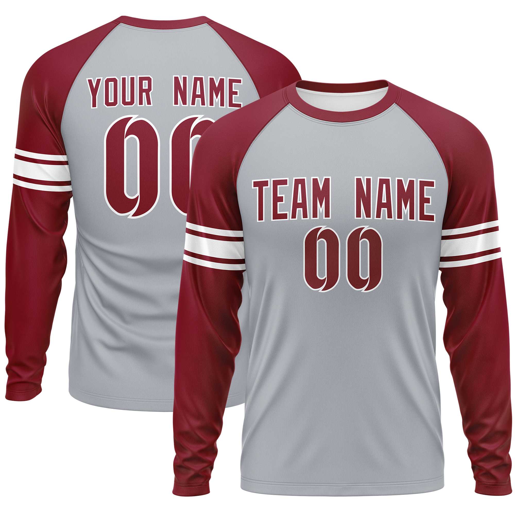 Custom Gray Crimson White Crew Neck Personalized Raglan Long Sleeve Performance T-shirt