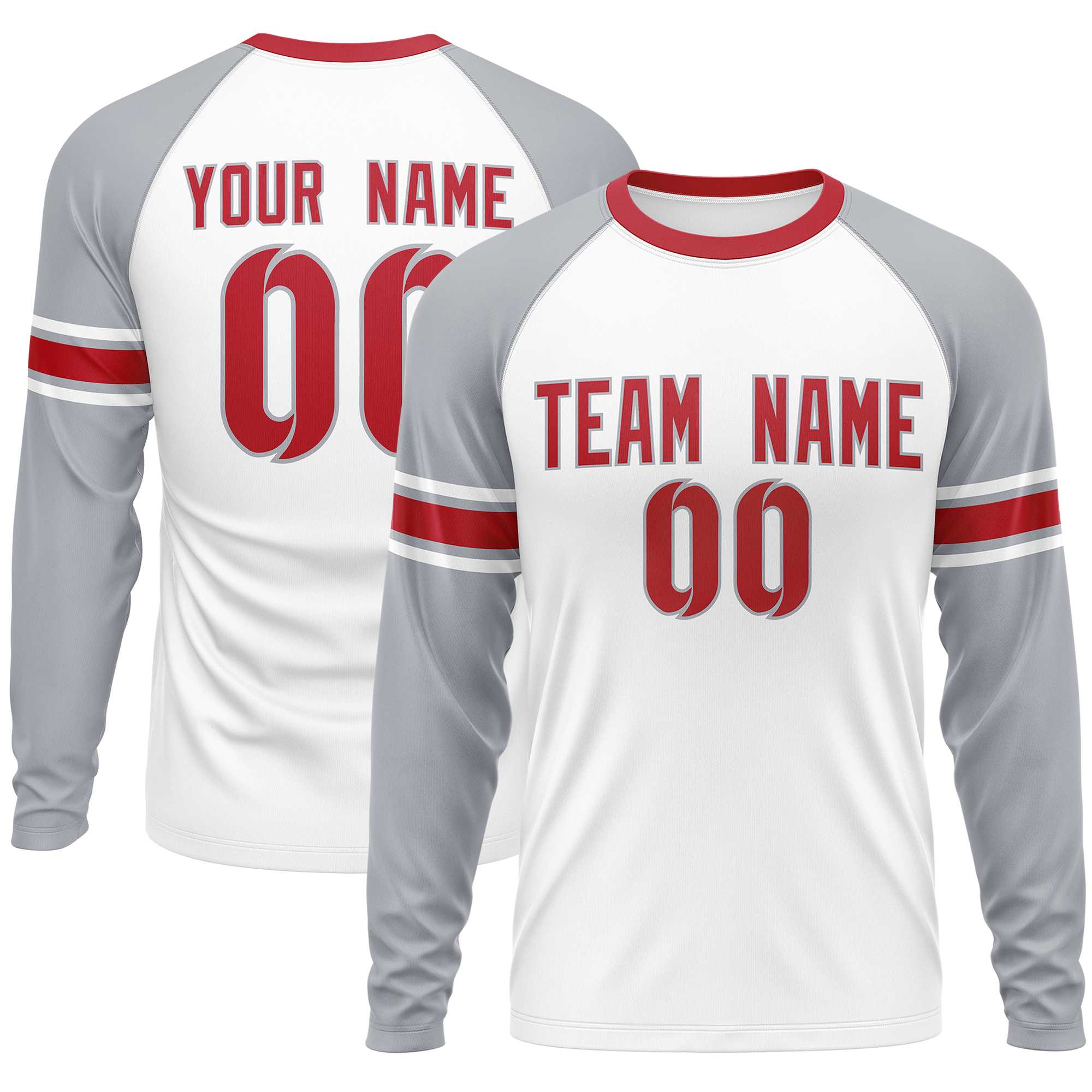 Custom White Gray Red Crew Neck Personalized Raglan Long Sleeve Performance T-shirt