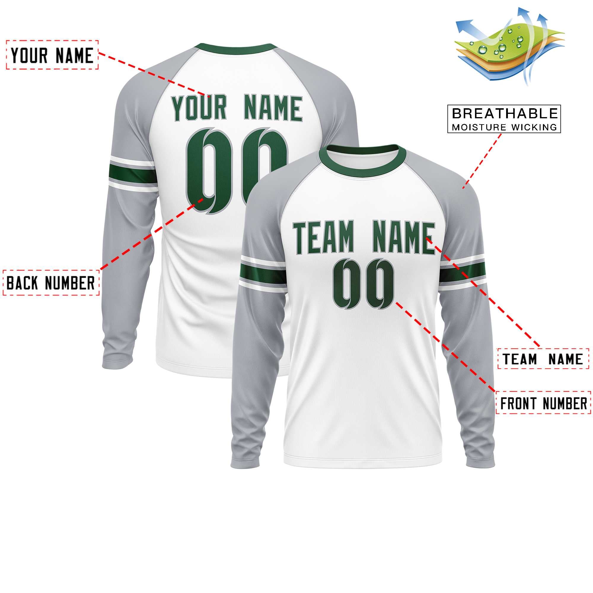 Custom White Gray Green Crew Neck Personalized Raglan Long Sleeve Performance T-shirt