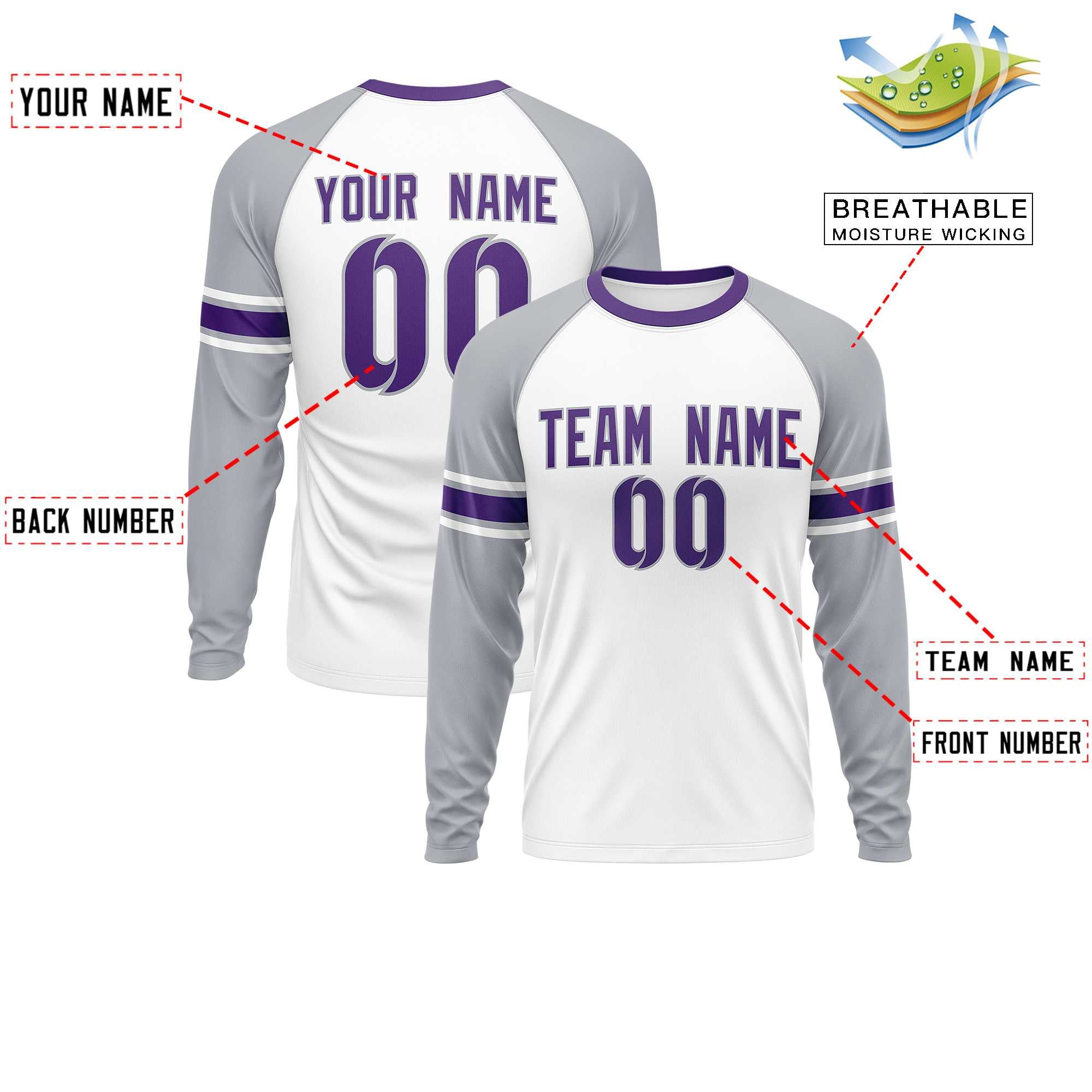 Custom White Gray Purple Crew Neck Personalized Raglan Long Sleeve Performance T-shirt