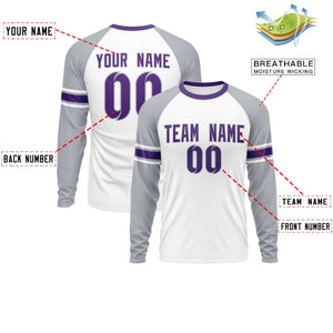 Custom White Gray Purple Crew Neck Personalized Raglan Long Sleeve Performance T-shirt