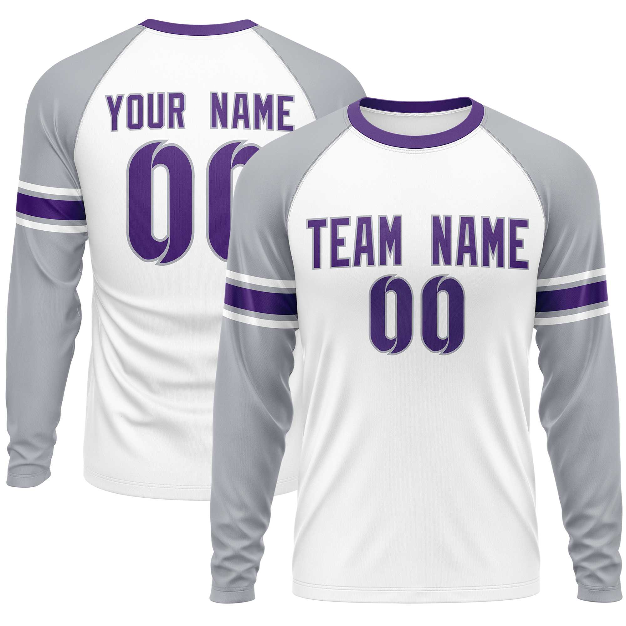 Custom White Gray Purple Crew Neck Personalized Raglan Long Sleeve Performance T-shirt