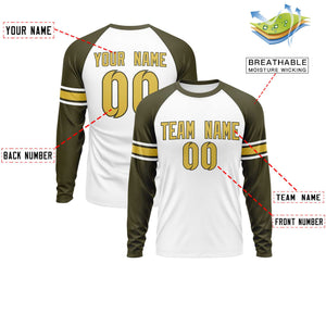 Custom White Olive Old Gold Crew Neck Personalized Raglan Long Sleeve Performance T-shirt