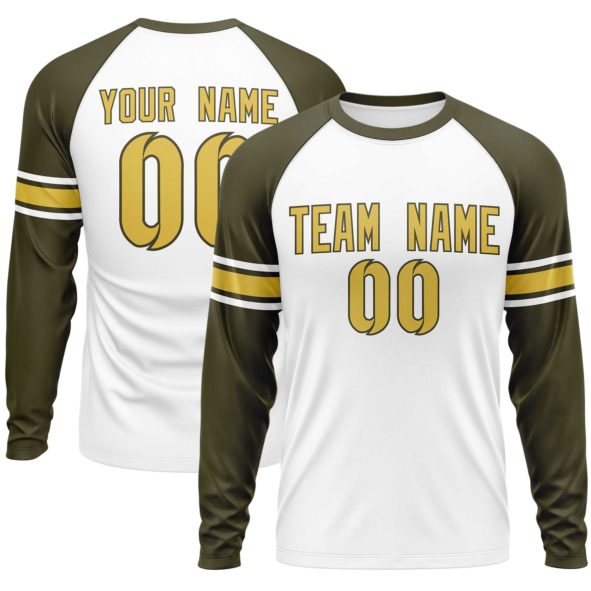 Custom White Olive Old Gold Crew Neck Personalized Raglan Long Sleeve Performance T-shirt