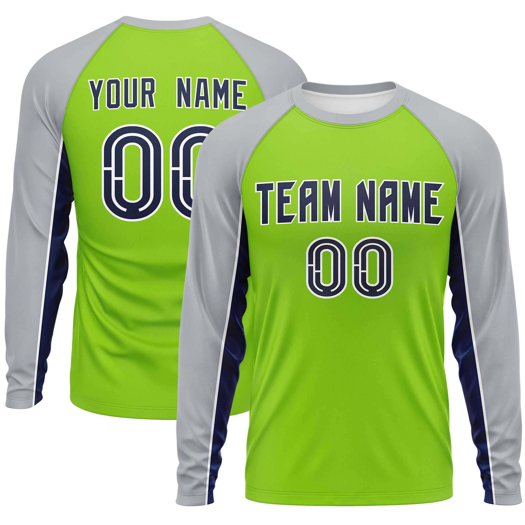 Custom Neon Green Gray Crew Neck Raglan Long Sleeve Performance T-Shirt