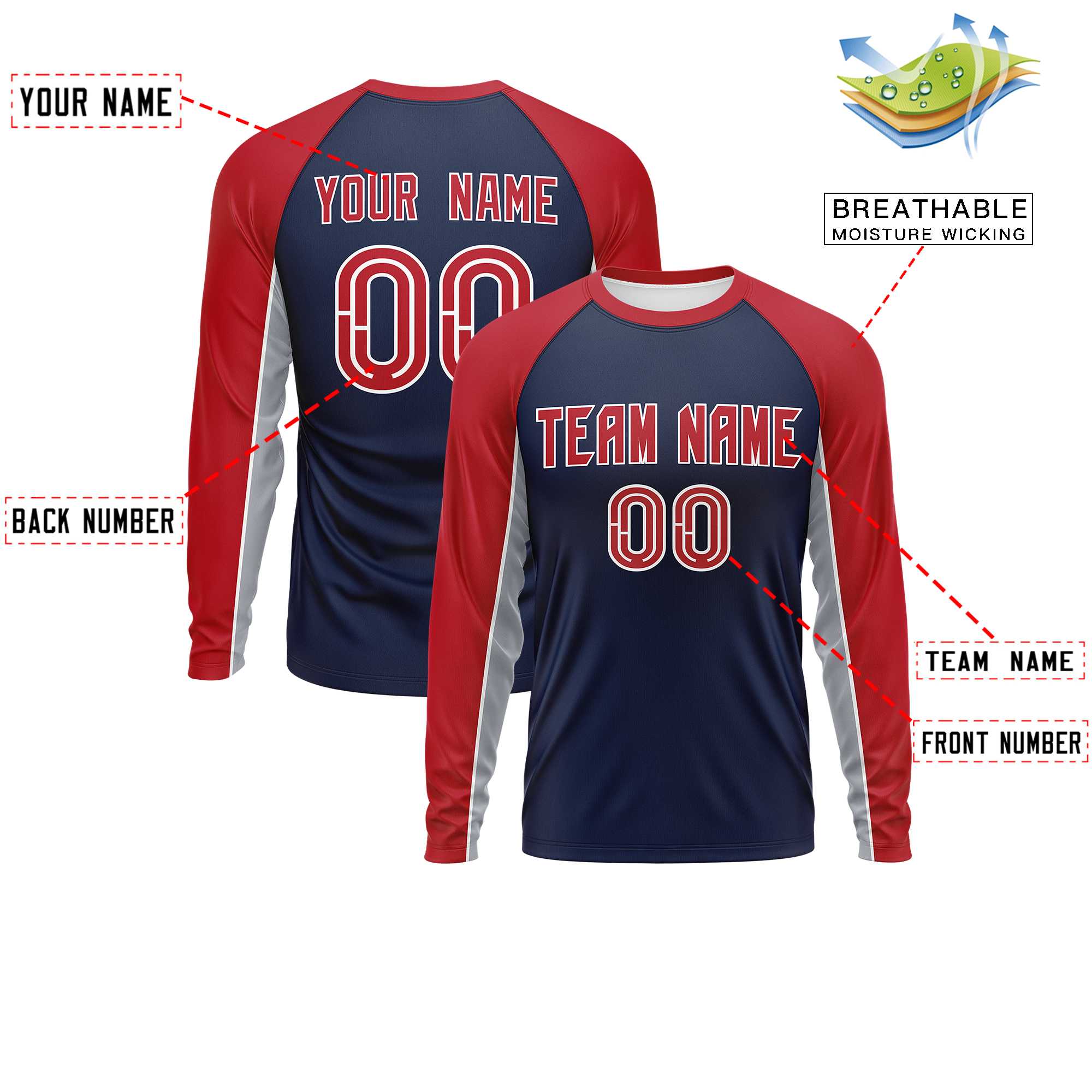 Custom Navy Red Crew Neck Raglan Long Sleeve Performance T-Shirt