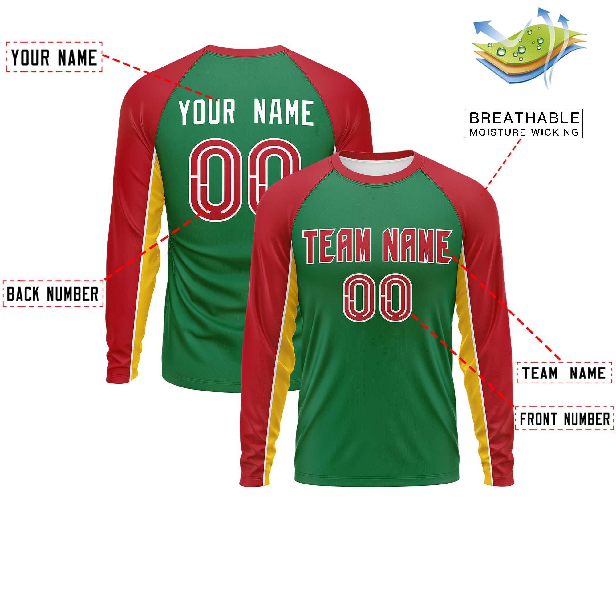 Custom Kelly Green Red Crew Neck Raglan Long Sleeve Performance T-Shirt