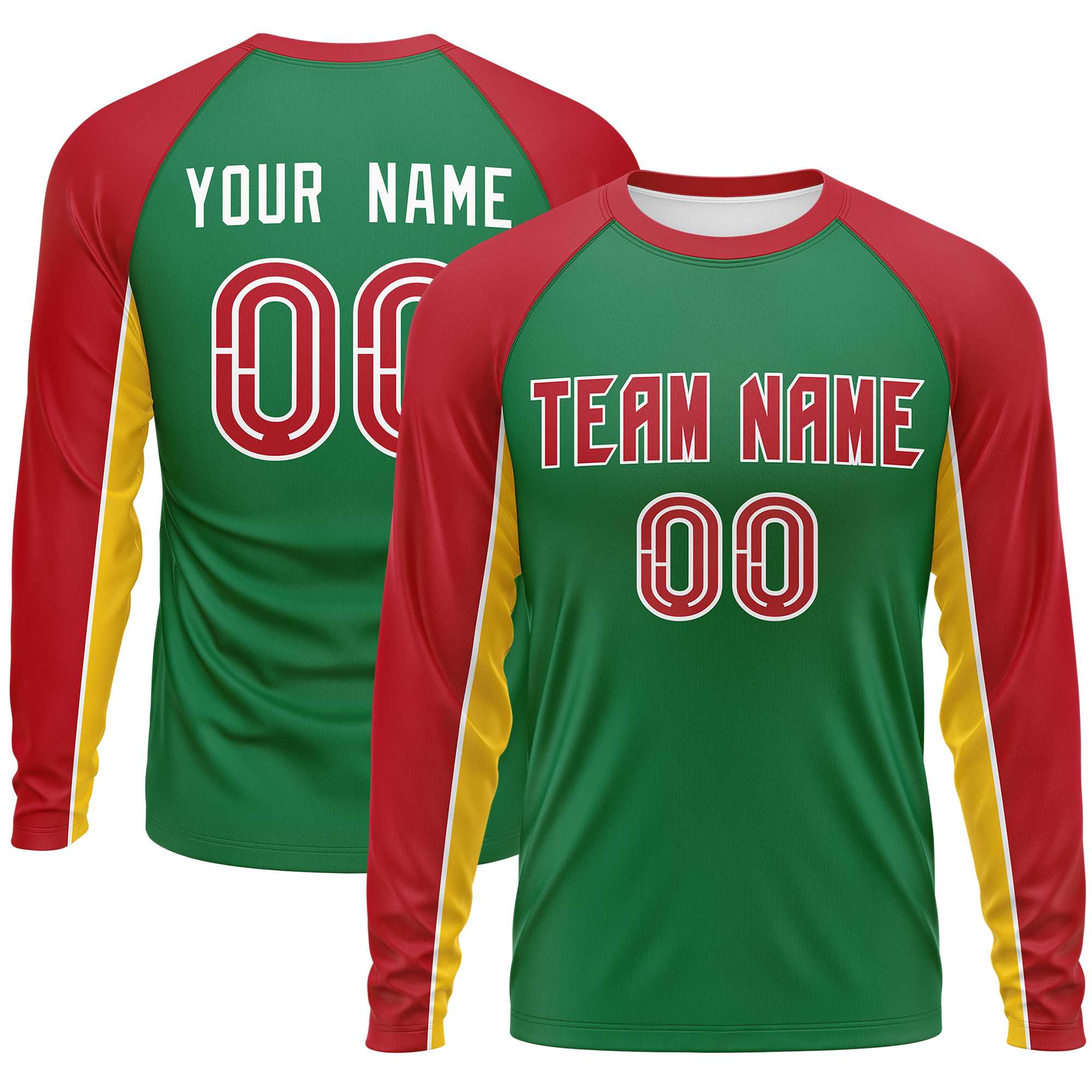 Custom Kelly Green Red Crew Neck Raglan Long Sleeve Performance T-Shirt