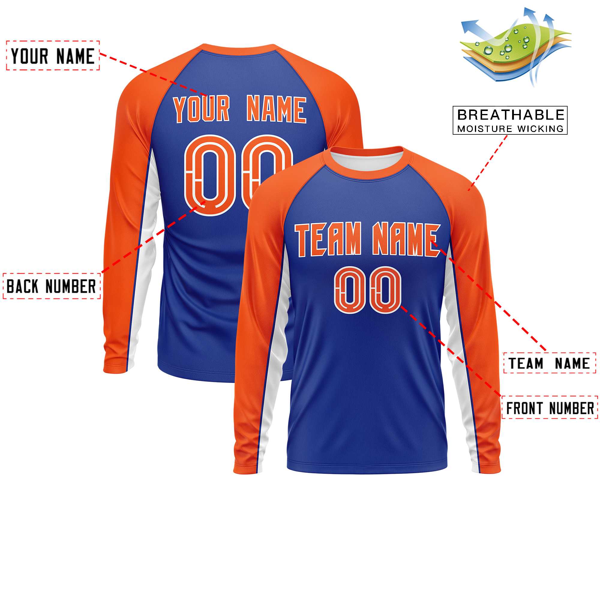 Custom Royal Orange Crew Neck Raglan Long Sleeve Performance T-Shirt